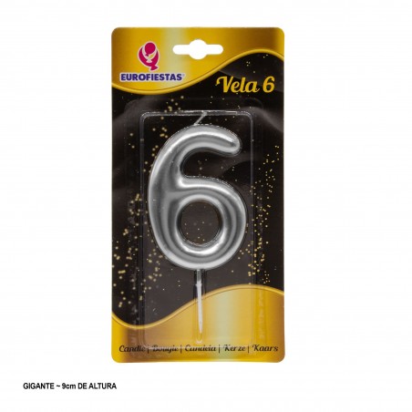 Vela Gigante Numero 6 9cm Plata