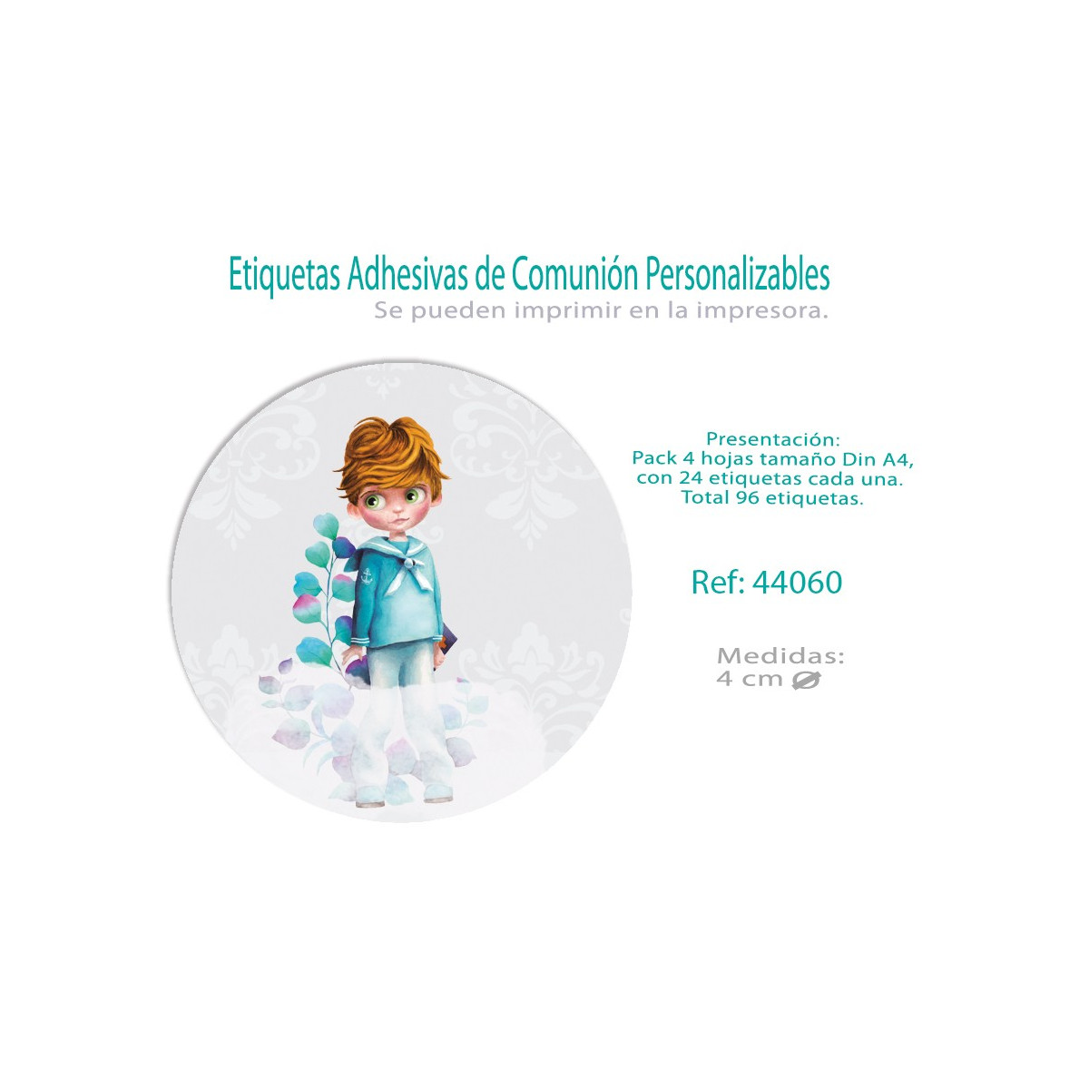 Paq.96 etiquetas adhesivas redondas comunión niño hojas