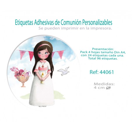 Paq.96 Etiquetas Adhesivas Redondas Comunión Niña