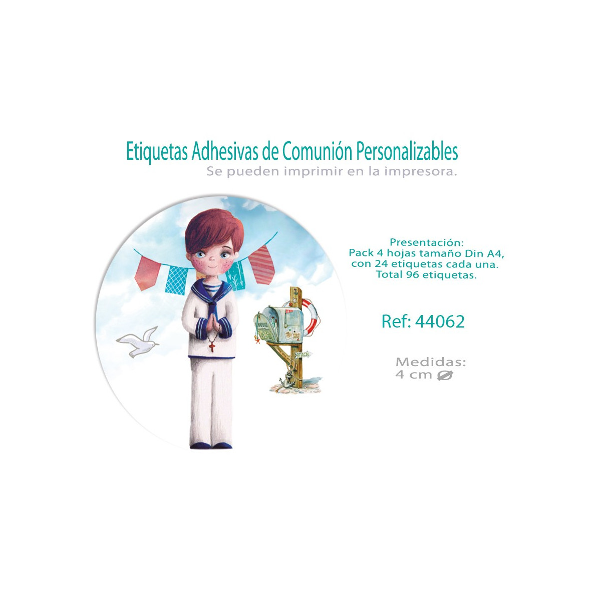 Paq.96 etiquetas adhesivas redondas comunión niño