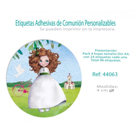 Paq.96 Etiquetas Adhesivas Redondas Comunión Niña Bici