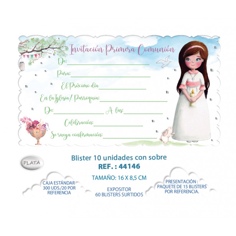 Blister 10 invitación + sobre comunión niña árbol