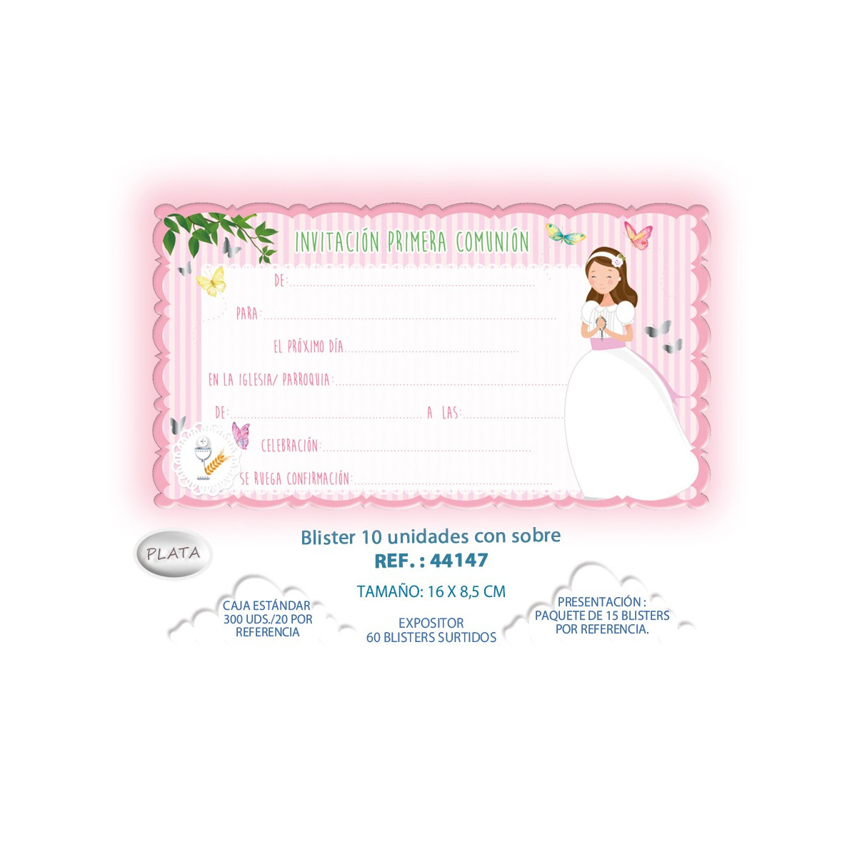 Blister 10 invitación + sobre comunión niña mariposas
