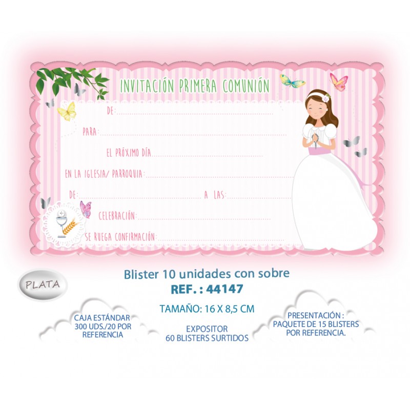 Blister 10 invitación + sobre comunión niña mariposas