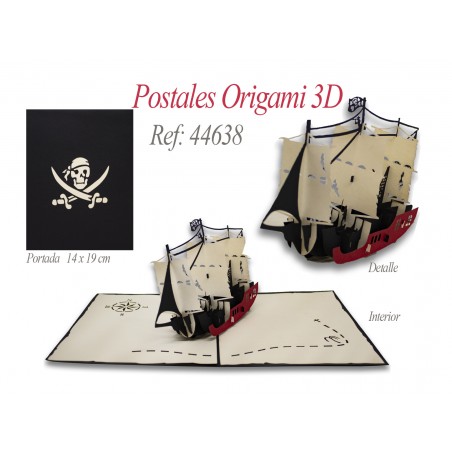 Postal 3d origami barco pirata