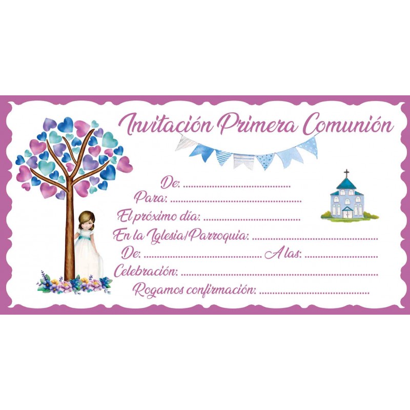 Blister 10 Invitación + Sobre Comunión Niña árbol Blister 10 Invitación + Sobre Comunión Niña árbol