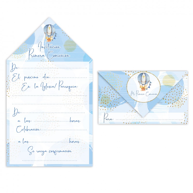 Blister 10 Invitación Sobre Comunión Niño Globo Blister 10 Invitación Sobre Comunión Niño Globo