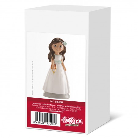 Figura de niña para tarta de comunión con vestido blanco y rosario