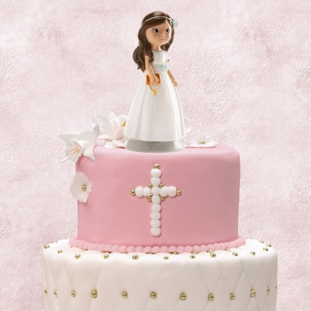 Figura de niña para tarta de comunión con vestido blanco y rosario