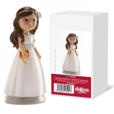 Figura de niña para tarta de comunión con vestido blanco y rosario