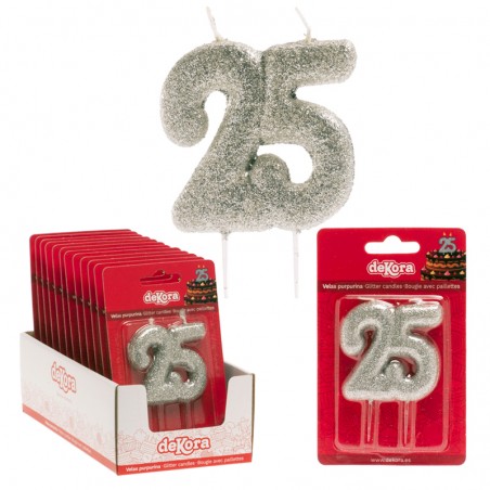 Vela número 25 con purpurina plateada Decoración brillante para celebraciones