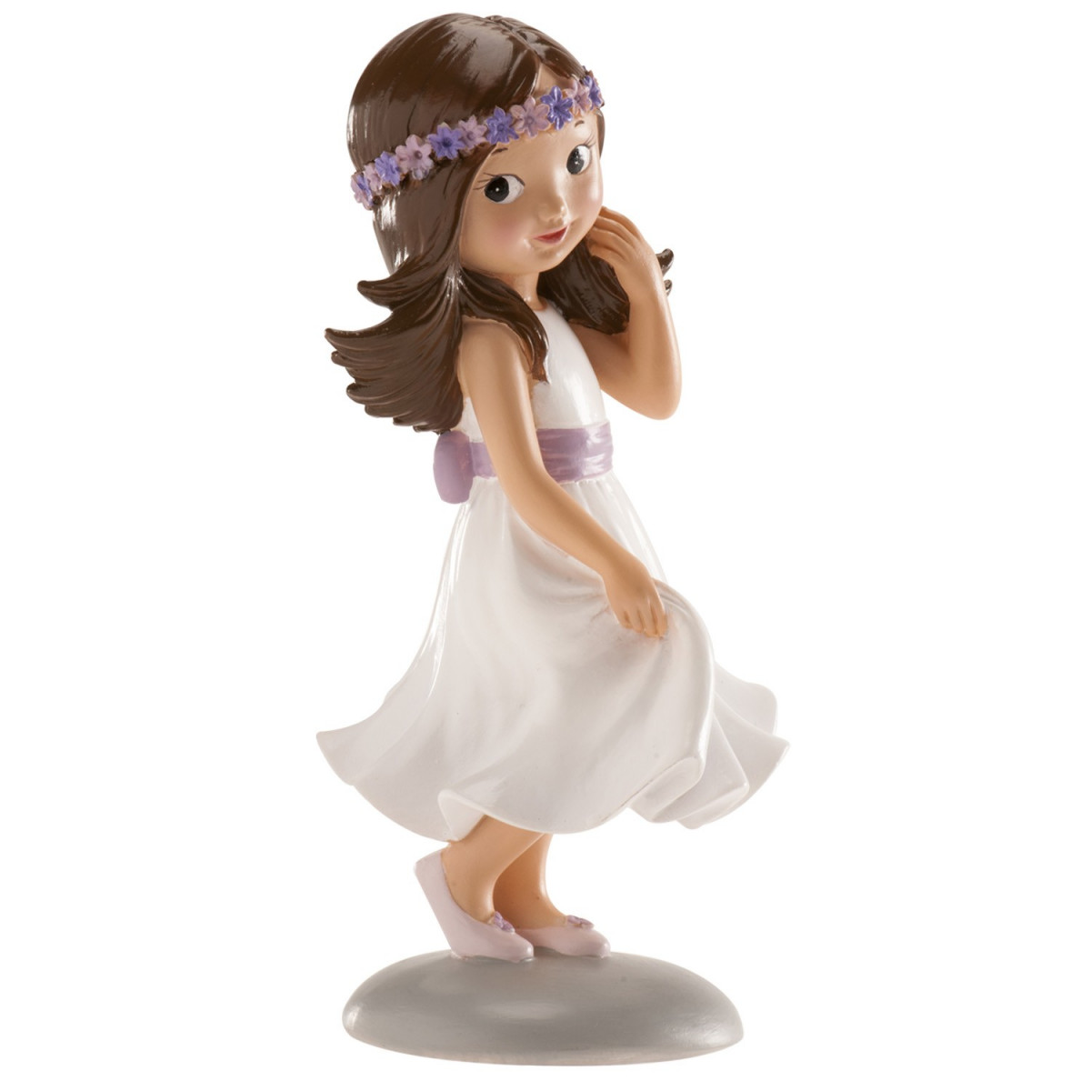 Figura Tarta niña Comunión con vestido blanco y diadema lila: 15 cm de dulzura auténtica