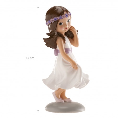 Figura Tarta niña Comunión con vestido blanco y diadema lila: 15 cm de dulzura auténtica