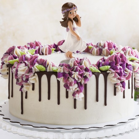 Figura Tarta niña Comunión con vestido blanco y diadema lila: 15 cm de dulzura auténtica