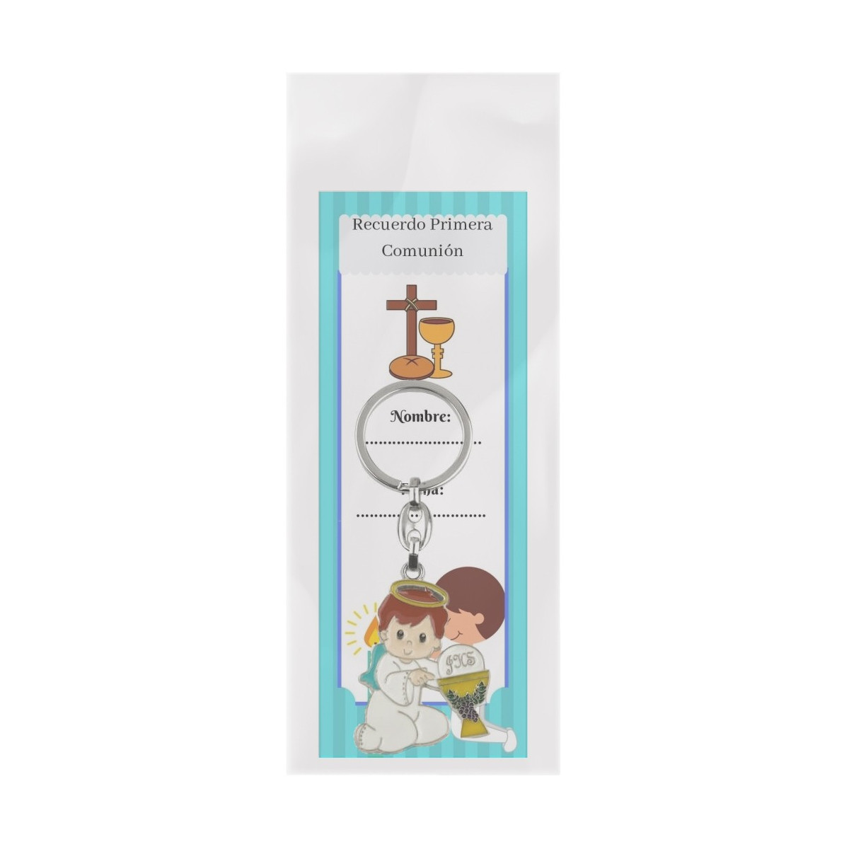 Punto de libro comunión con llavero niño comunión en bolsita transparente