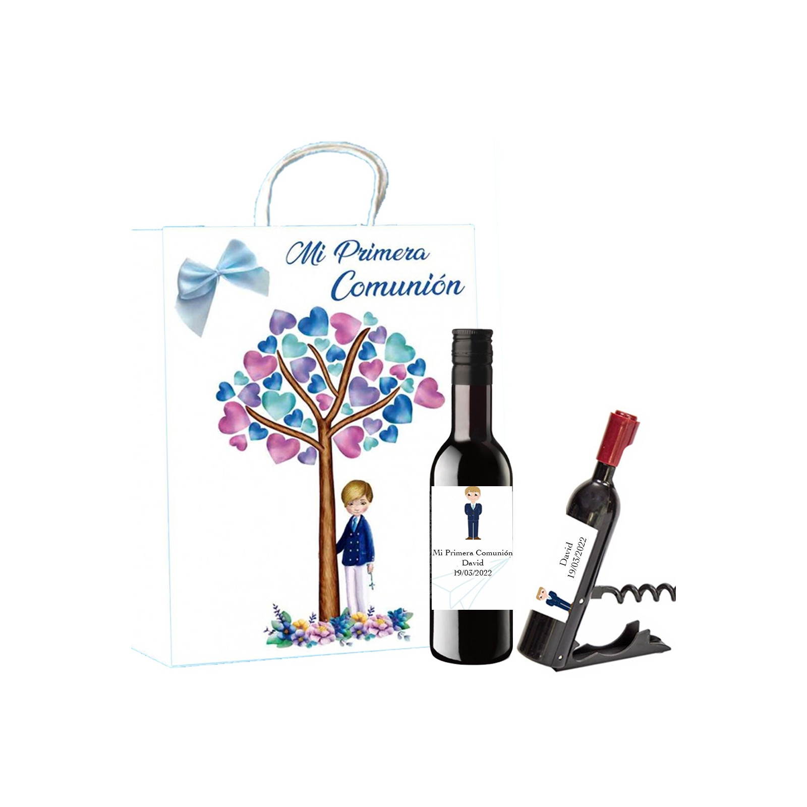 Botella de vino y sacacorchos personalizado en bolsa comunión niño