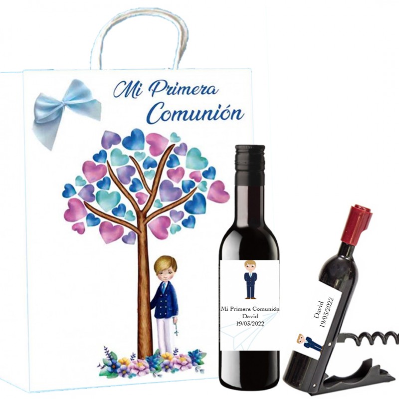 Botella De Vino Y Sacacorchos Personalizado En Bolsa Comunión Niño