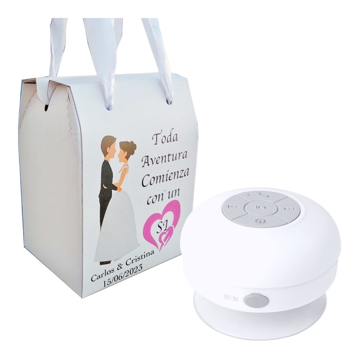 Altavoz bluetooh sumergible en caja para boda personalizada