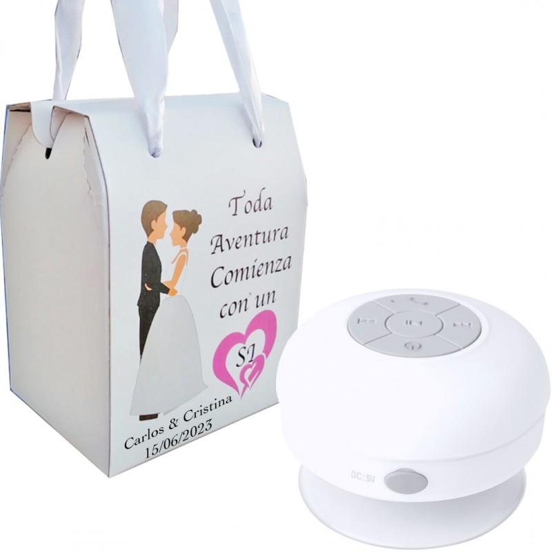 Altavoz bluetooh sumergible en caja para boda personalizada