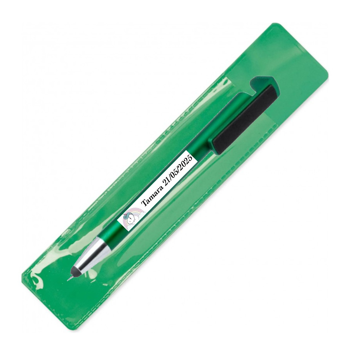 Bolígrafo soporte móvil personalizado en funda verde