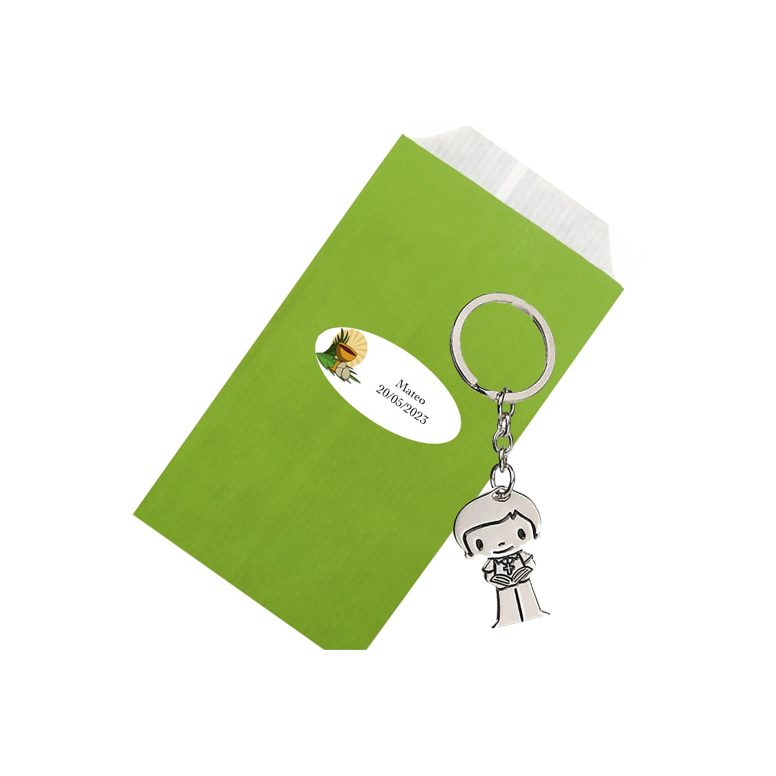 Llavero niño comunión en sobre kraft verde personalizado
