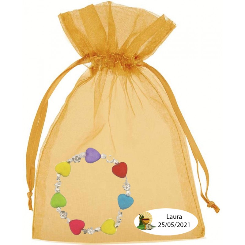 Pulsera niña en bolsa de organza dorada personalizada para comunión