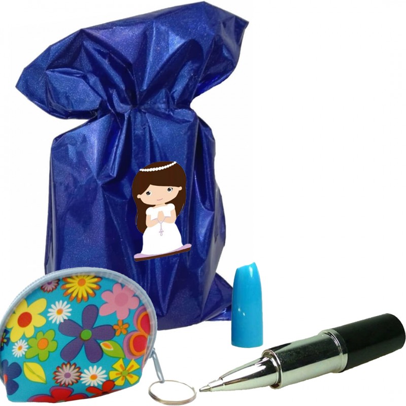 Monedero con bolígrafo en bolsa metalizada azul para comunión