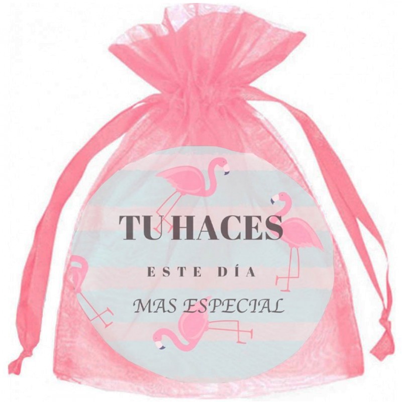 Espejo flamenco en bolsa de organza rosa chicle para invitados