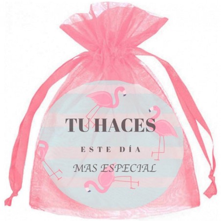 Espejo flamenco en bolsa de organza rosa chicle para invitados