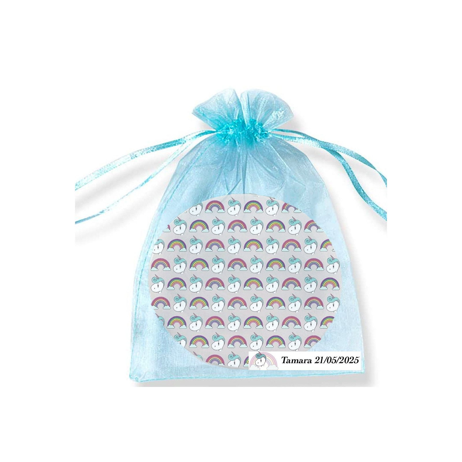 Espejo unicornio en bolsa de organza personalizada para invitados