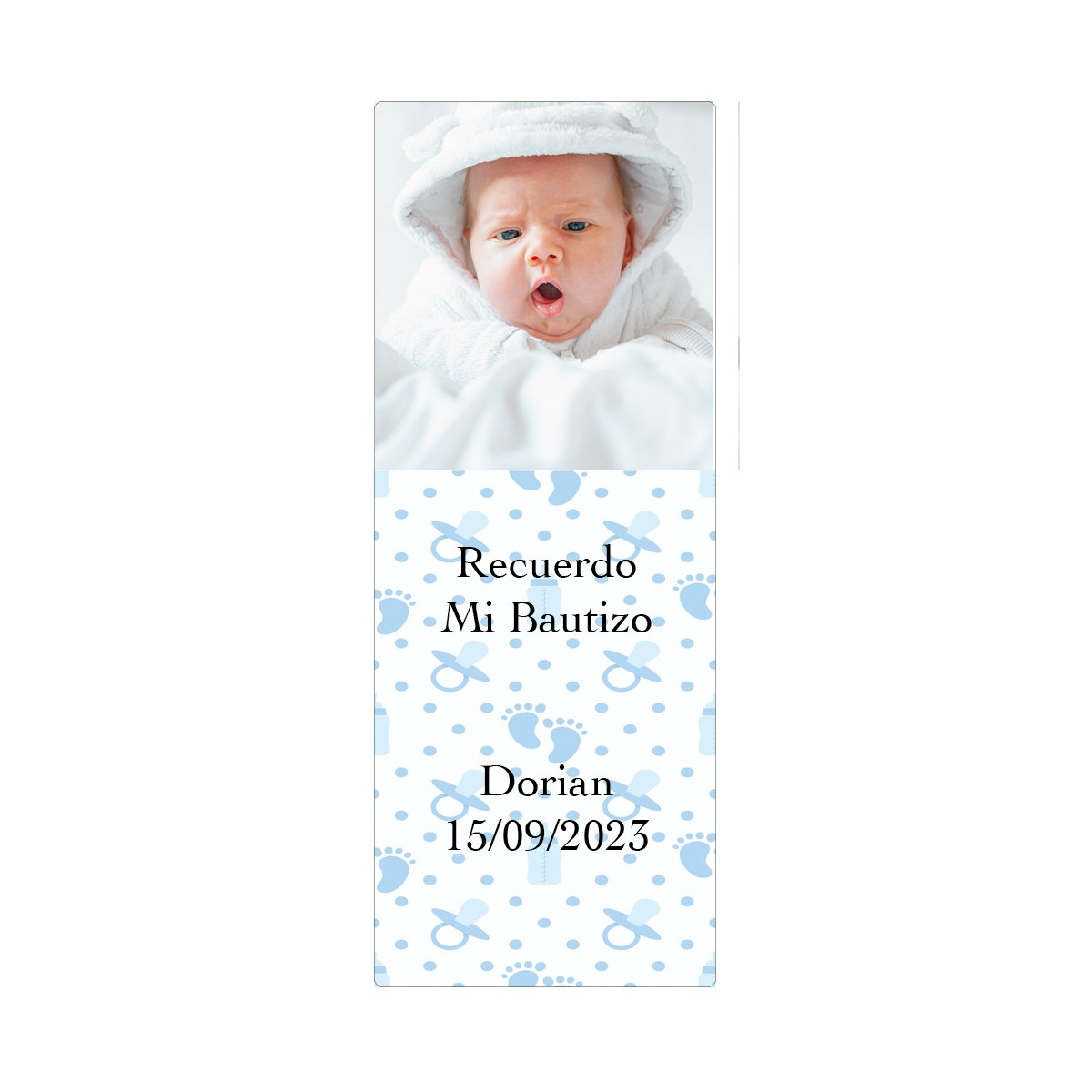 Adhesivo celeste con foto personalizado para bautizo