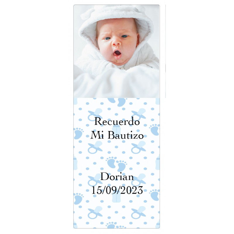 Adhesivo celeste con foto personalizado para bautizo