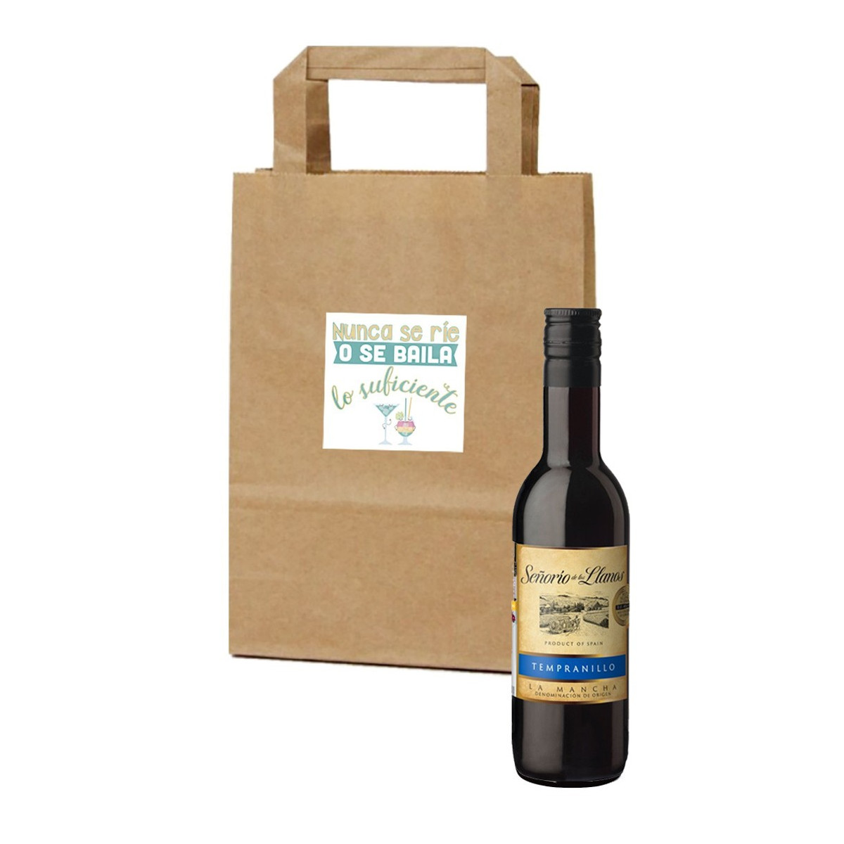 Botella de vino en bolsa de papel con adhesivo de frase