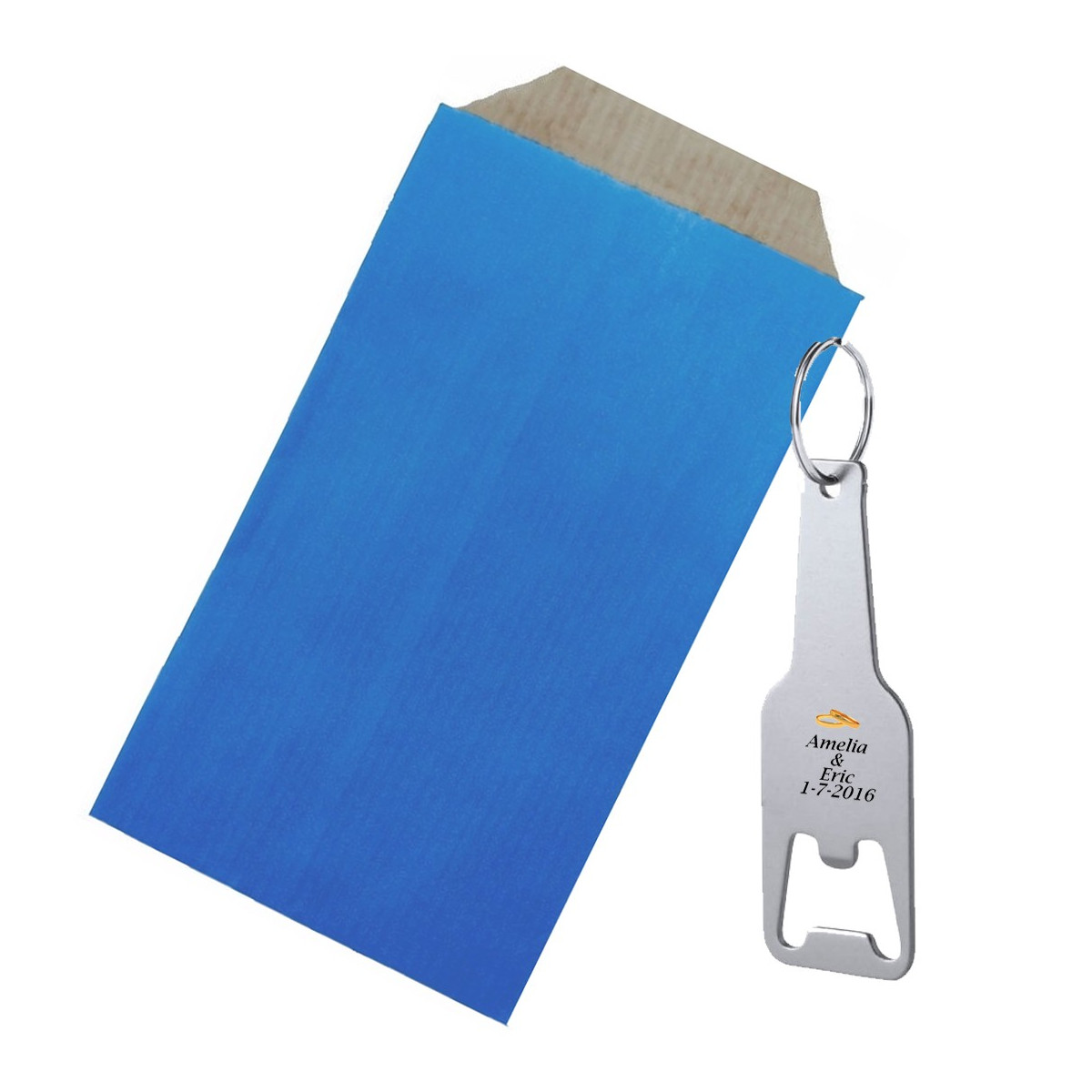 Llavero para bodas personalizado con adhesivo en sobre kraft azul