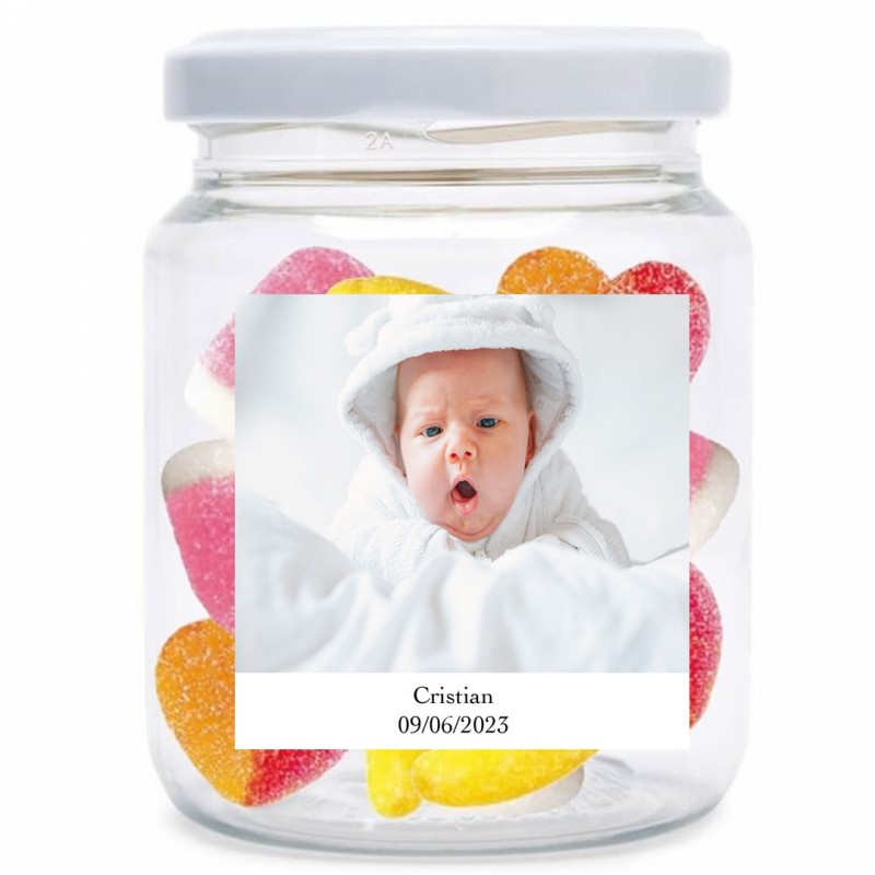 Tarro De Chuches Personalizado Con Foto Y Texto Para Bodas, Bautizos, Comuniones, Cumpleaños Y Empresa Tarro De Chuches Personalizado Con Foto Y Texto Para Bodas, Bautizos, Comuniones, Cumpleaños Y Empresa