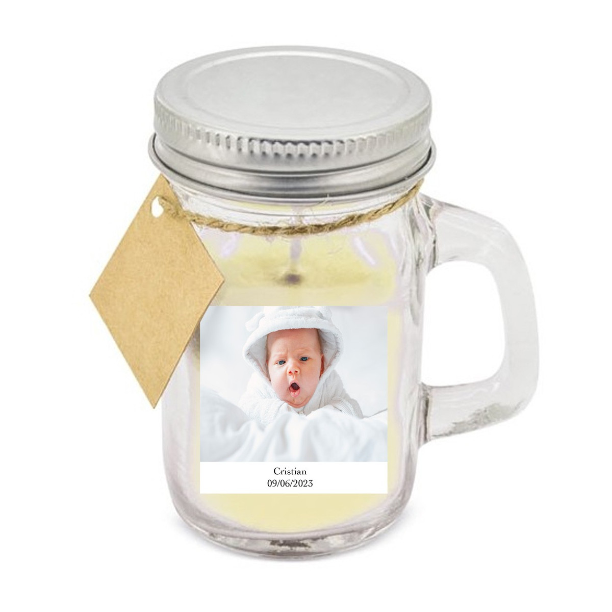 Vela aromática personalizada con foto y texto para bodas bautizos comuniones y cumpleaños