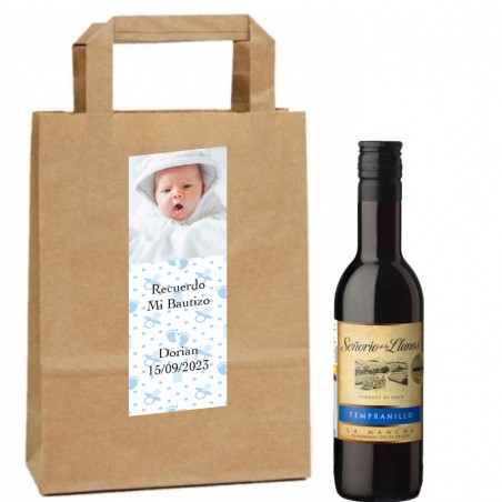 Vino personalizado con foto y texto para bautizo niño