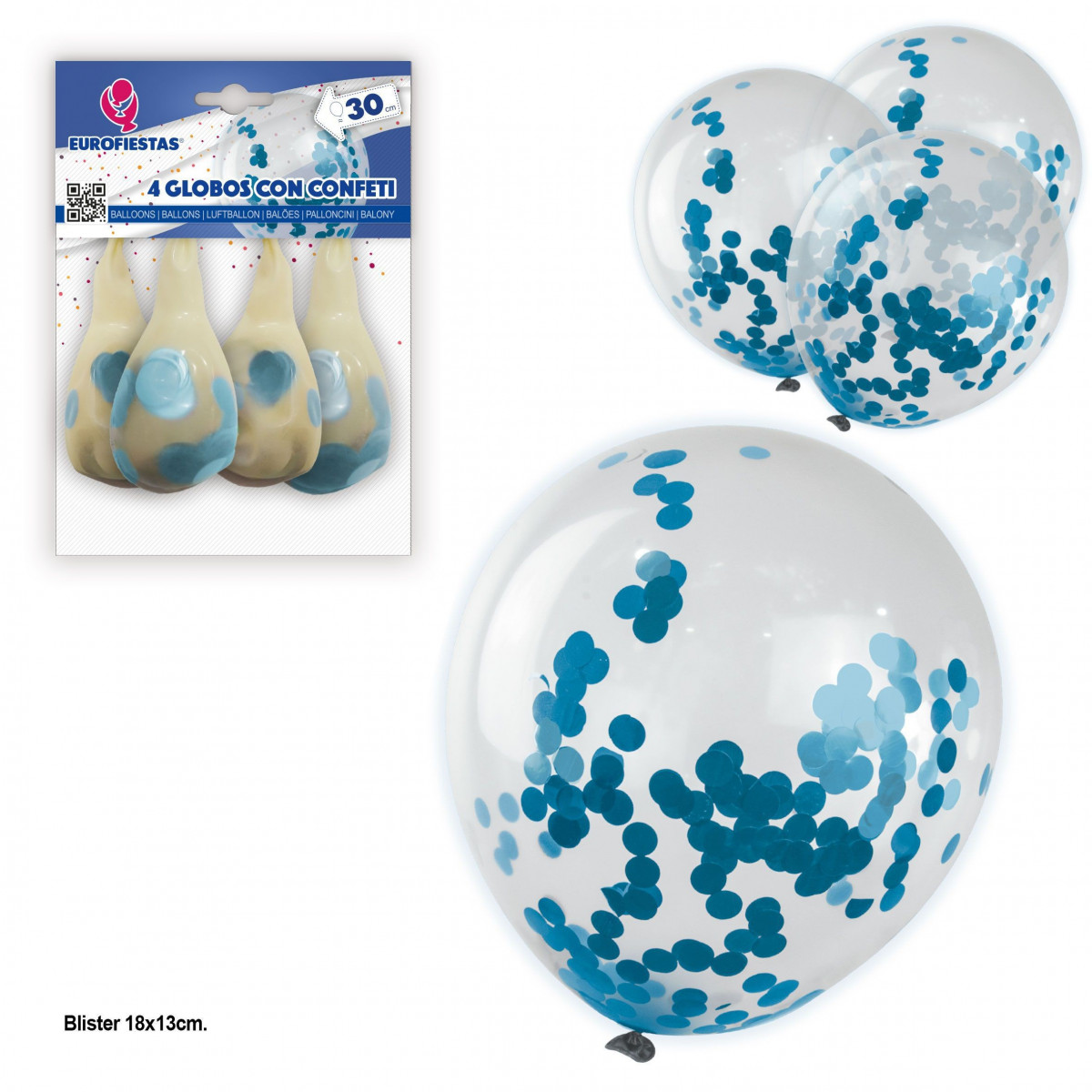 Globos Transparentes con Confeti Azul: Pack de 4 unidades