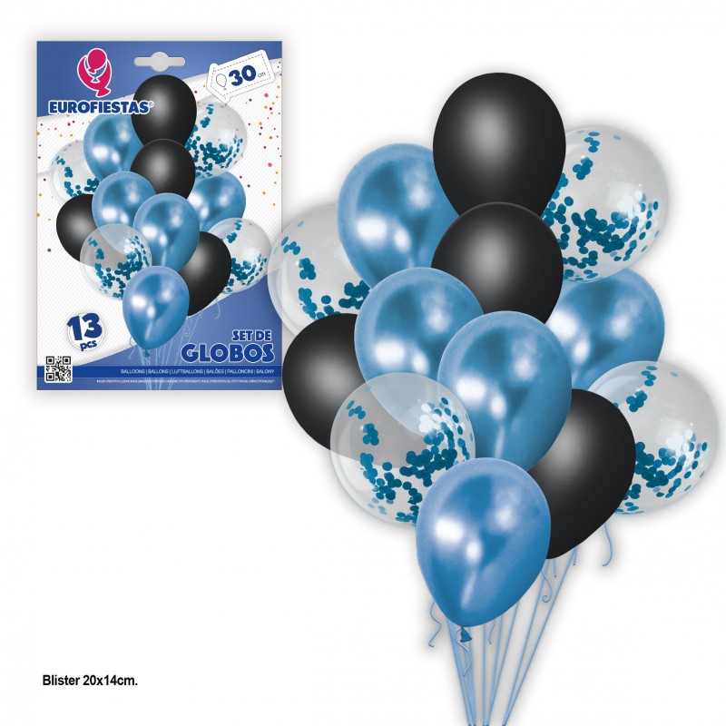 Set globos 13 cromo pastel+confeti azul