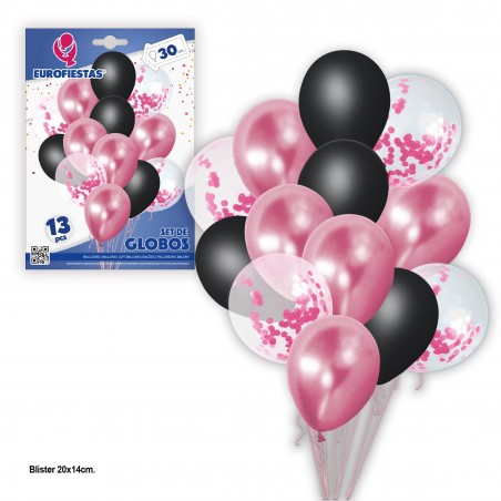 Set globos 13 cromo pastel+confeti rosa