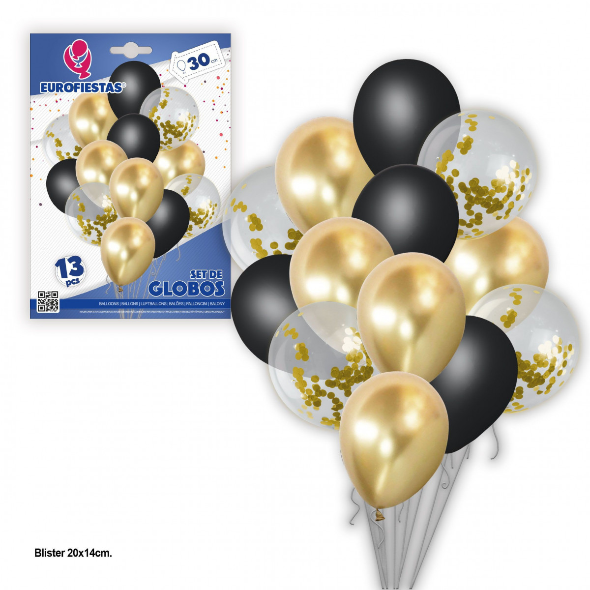 Set globos 13 cromo pastel+confeti oro