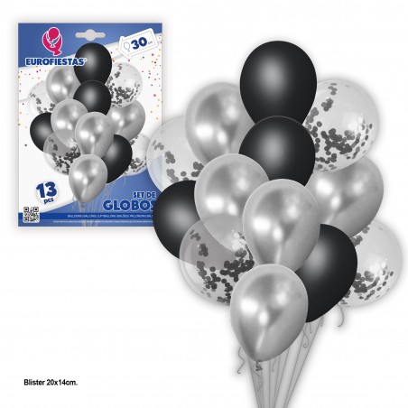 Set globos cromo 13 pastel+confeti plata