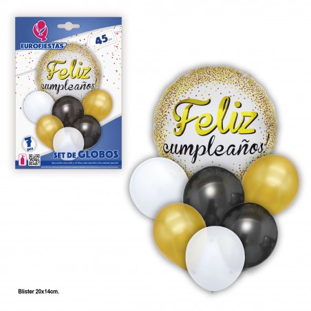 Set globos feliz cumple oro negro