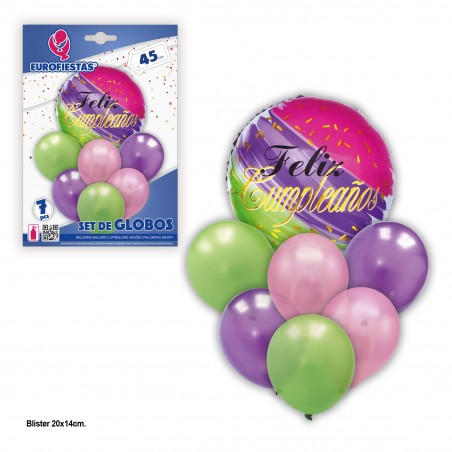 Set globos feliz cumple rosa violeta