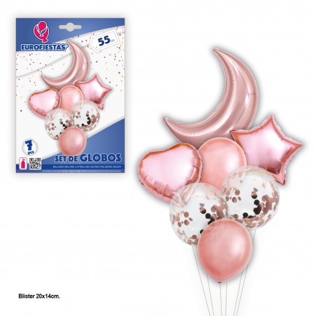 Set Globos Luna Y Estrellas Rosa Oro