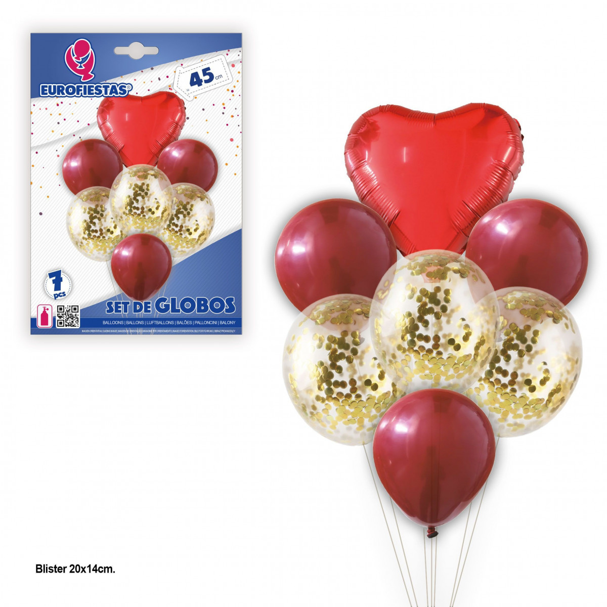 Set globos corazon y confeti oro