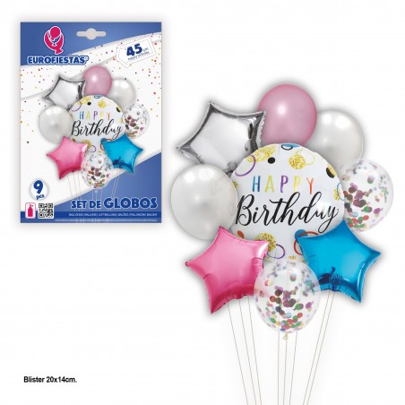 Set globos happy birthday estrellas