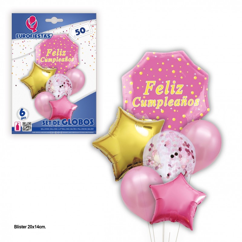 Set globos feliz cumple hexagono rosa