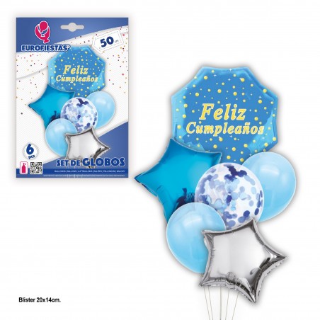 Set globos feliz cumple hexagono azul