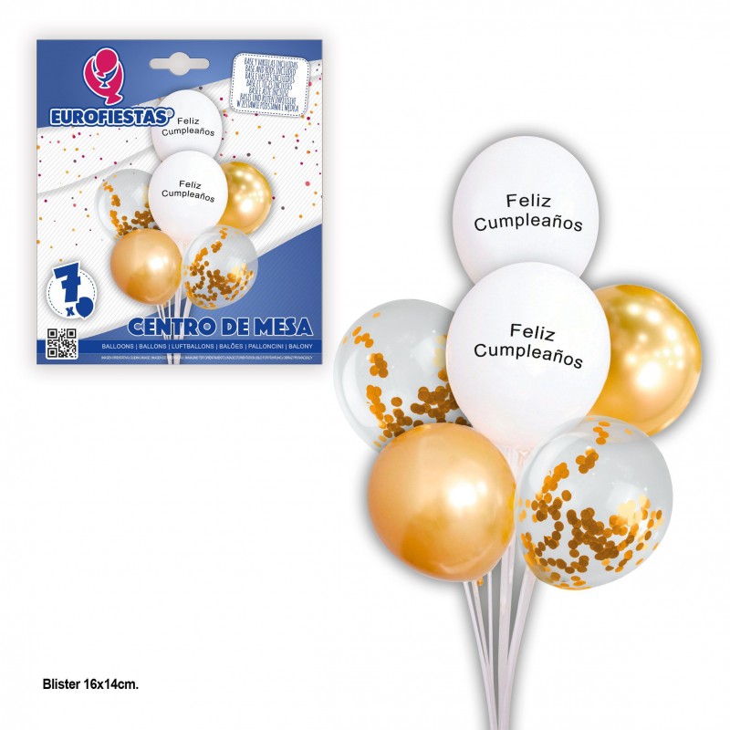 Set globos feliz cumpleaños blanco confeti oro